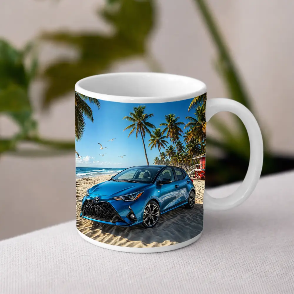 Toyota Yaris Blue Hatchback Beach Setting – Mugs