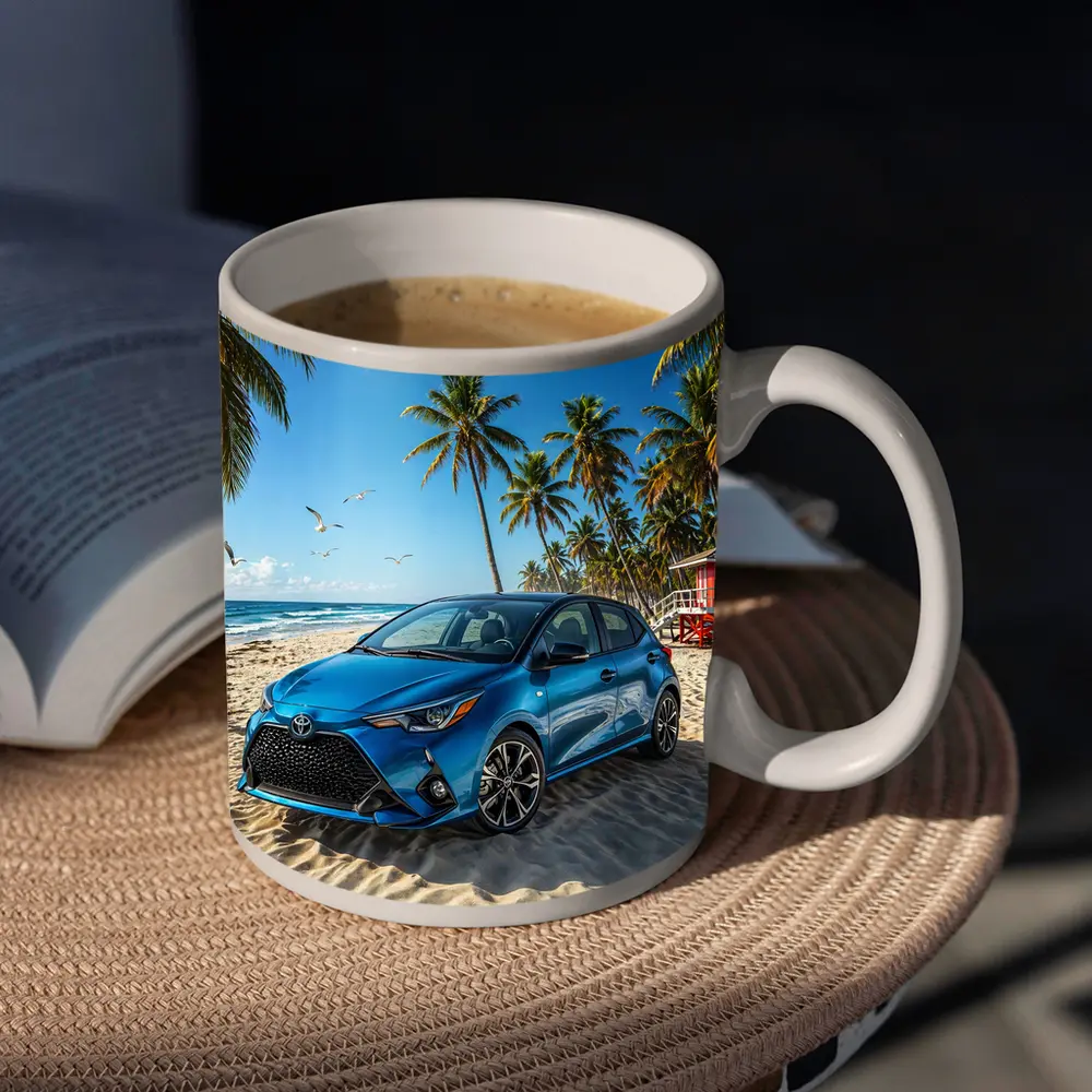 Toyota Yaris Blue Hatchback Beach Setting – Mugs