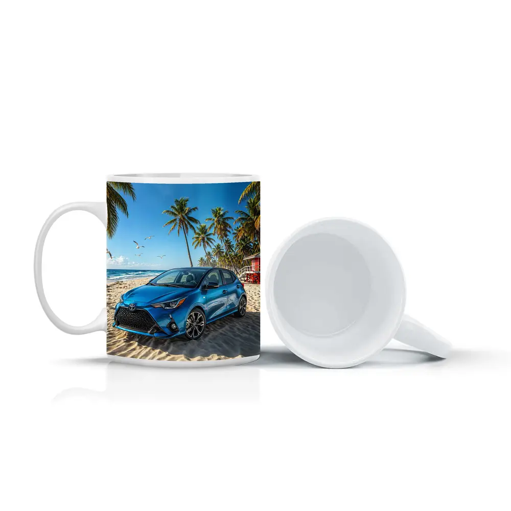 Toyota Yaris Blue Hatchback Beach Setting – Mugs