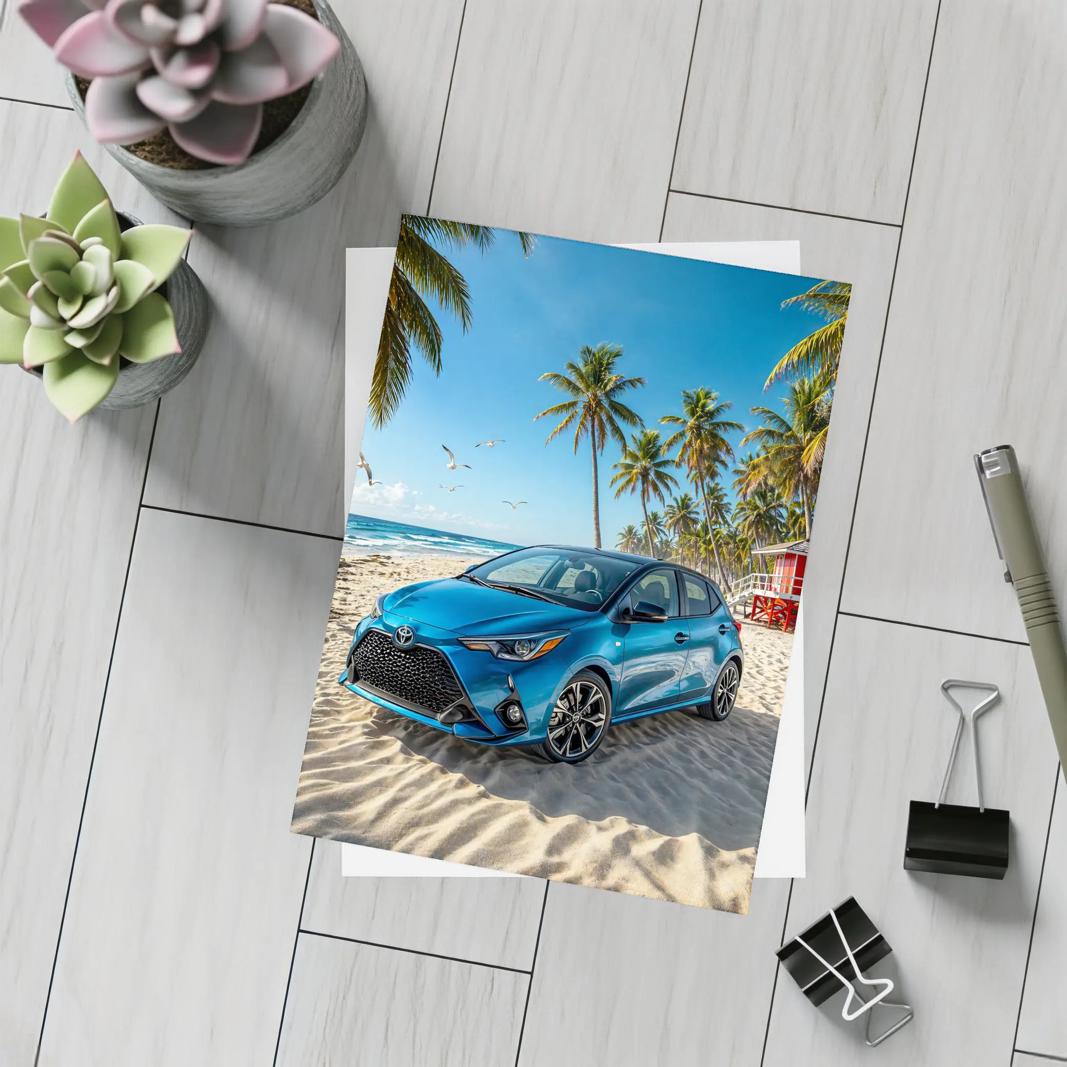 Toyota Yaris Blue Hatchback Beach Setting – Postcards