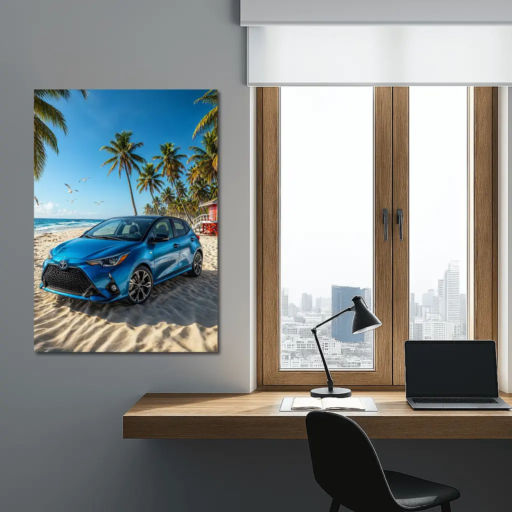 Toyota Yaris Blue Hatchback Beach Setting – Wall Art