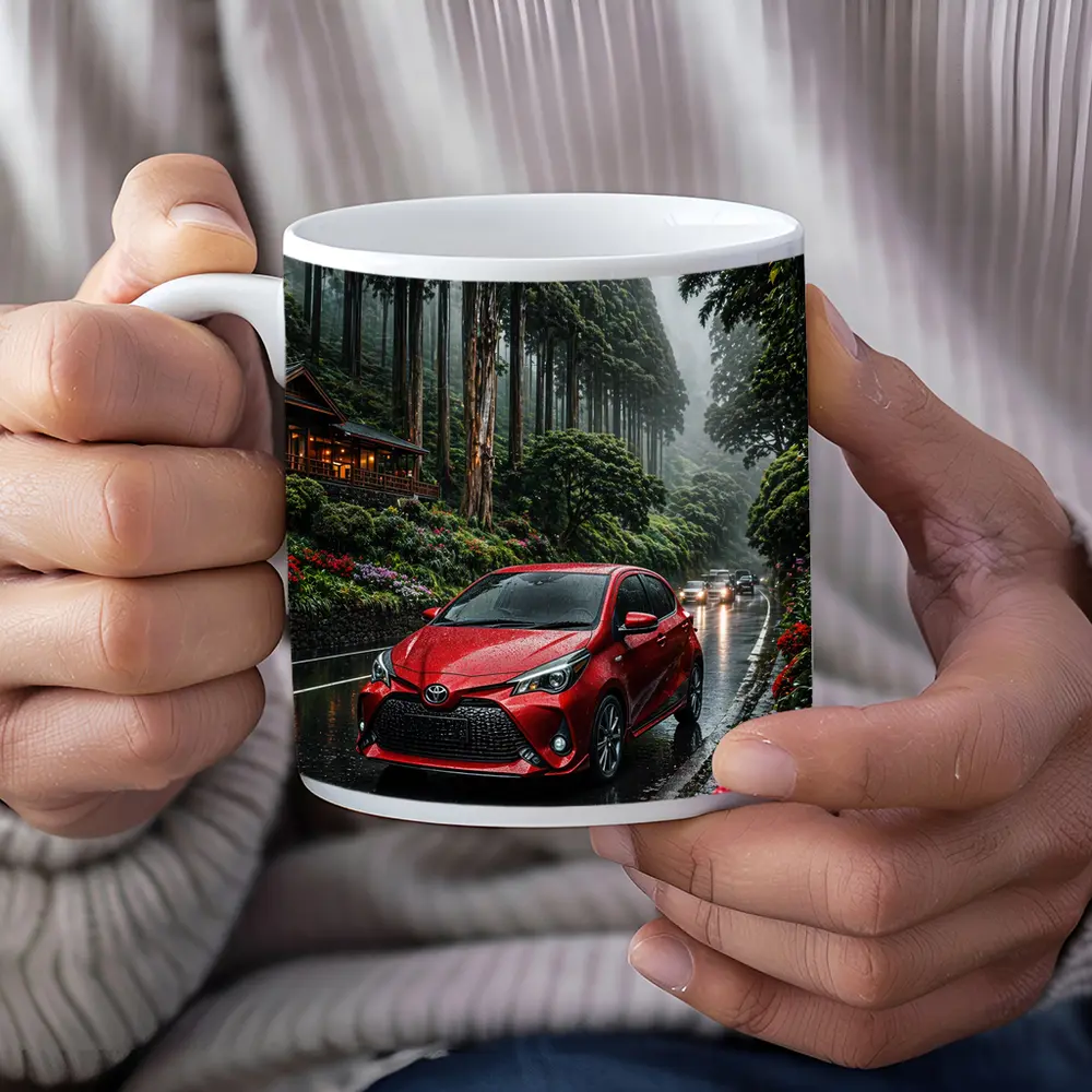 Toyota Yaris Red Rainy Forest Road – Mugs