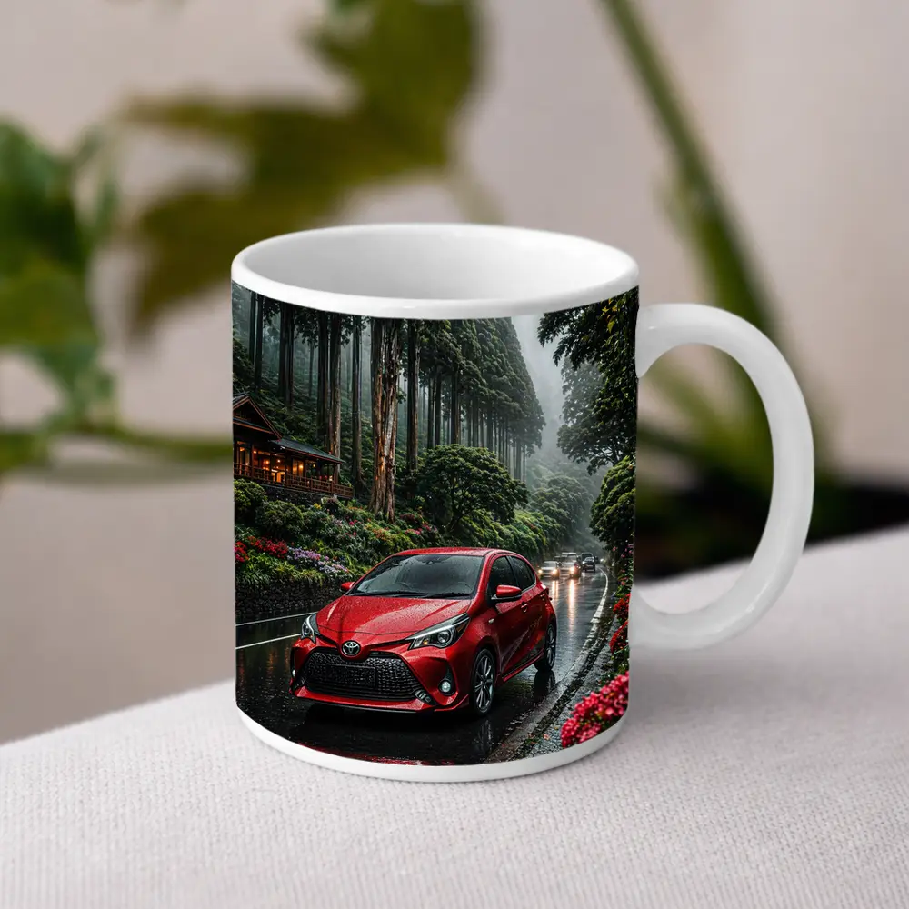 Toyota Yaris Red Rainy Forest Road – Mugs