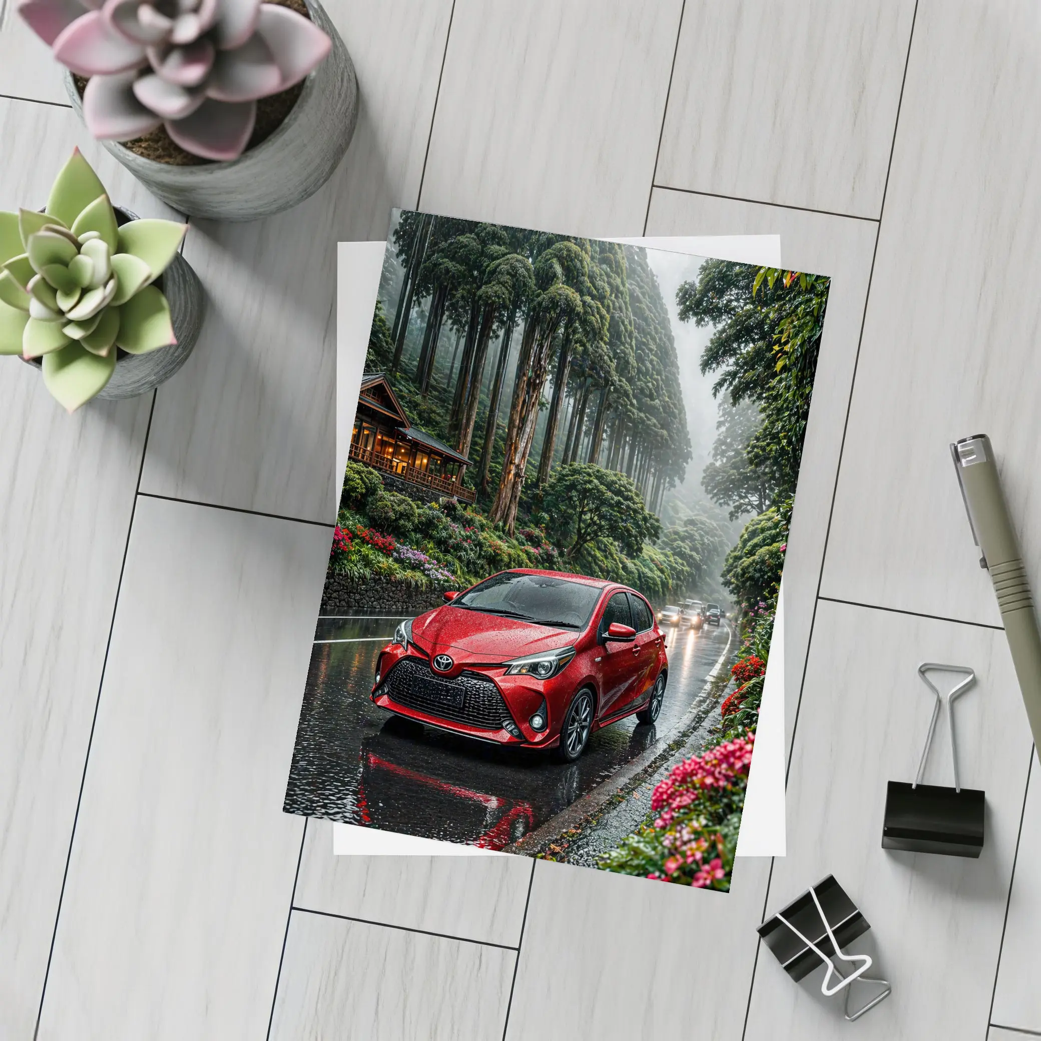 Toyota Yaris Red Rainy Forest Road – Postcards
