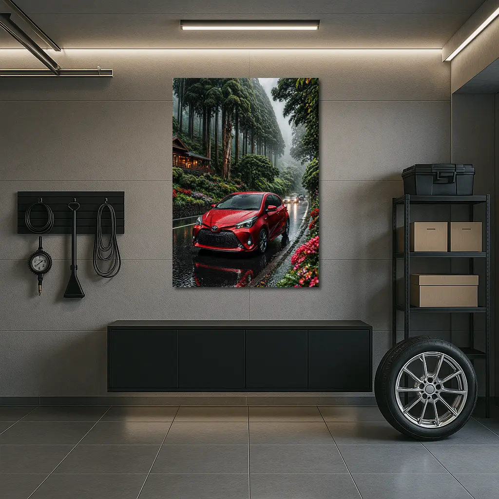 Toyota Yaris Red Rainy Forest Road – Wall Art