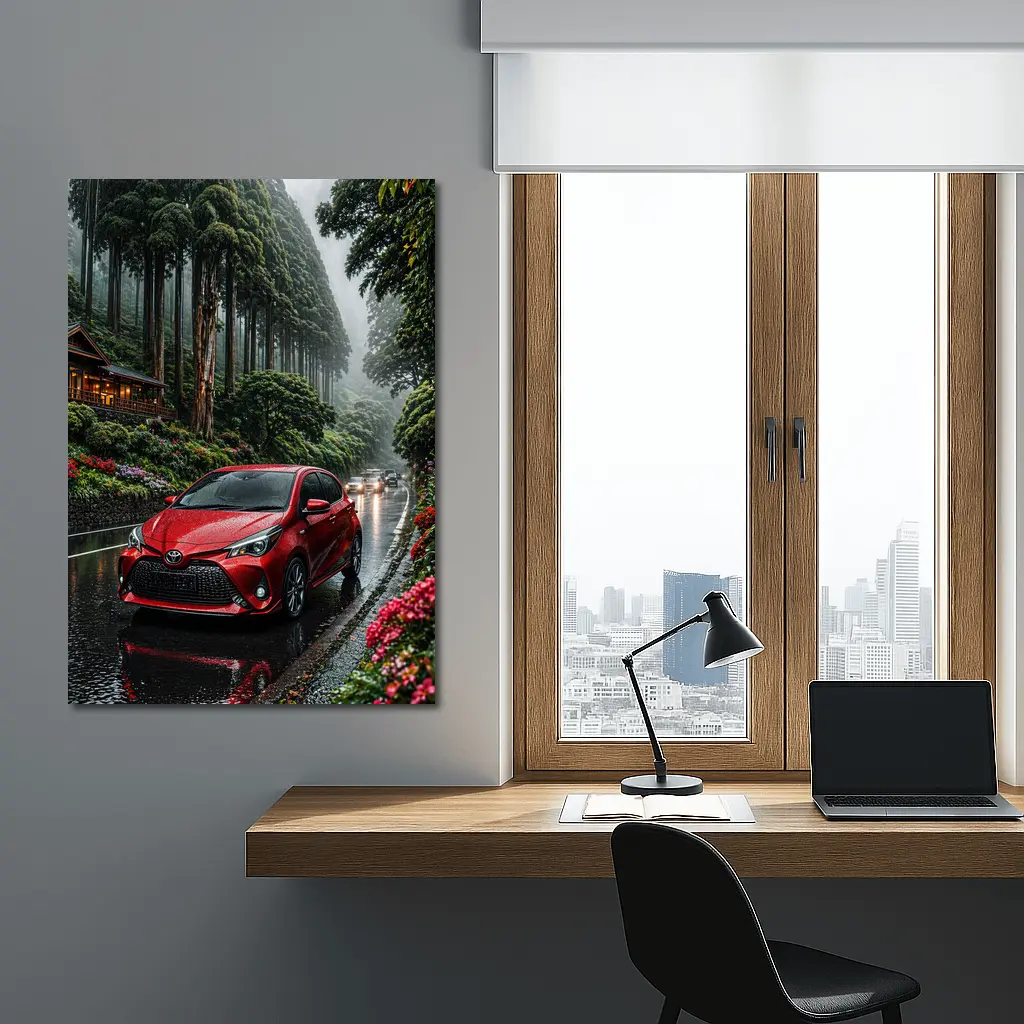 Toyota Yaris Red Rainy Forest Road – Wall Art