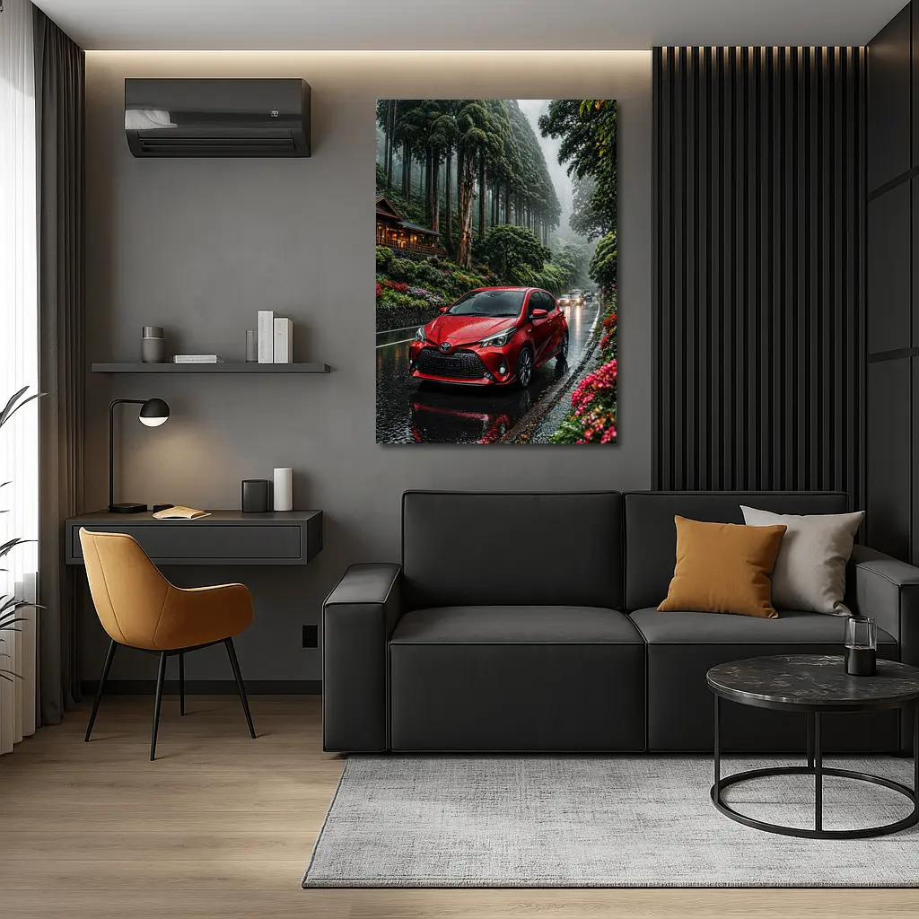 Toyota Yaris Red Rainy Forest Road – Wall Art