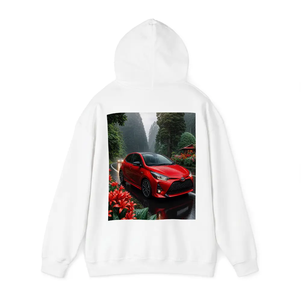 Toyota Yaris Red Hatchback Rainy Forest Road – Hoodies