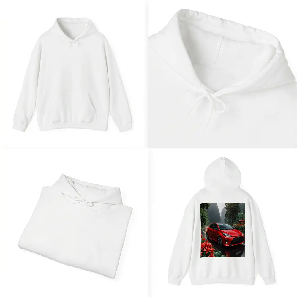 Toyota Yaris Red Hatchback Rainy Forest Road – Hoodies