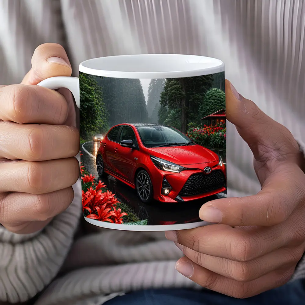 Toyota Yaris Red Hatchback Rainy Forest Road – Mugs