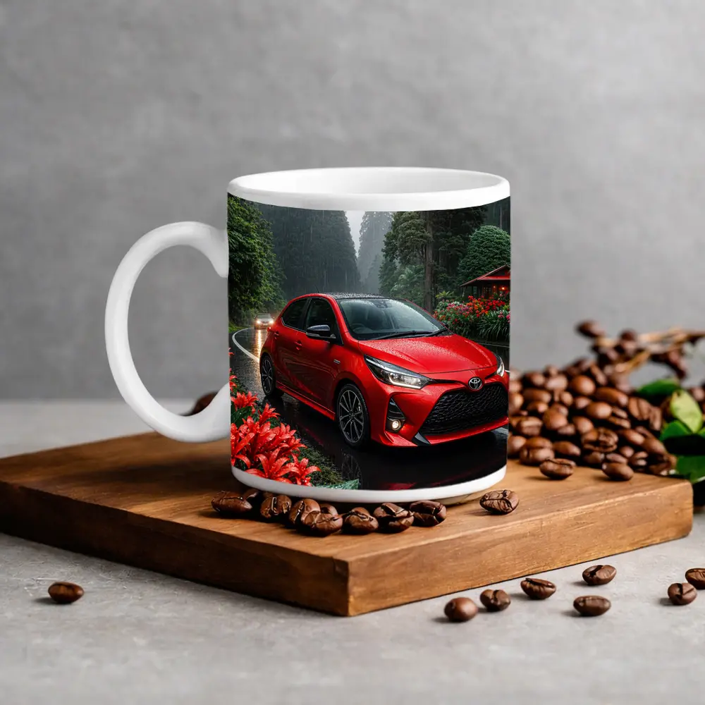 Toyota Yaris Red Hatchback Rainy Forest Road – Mugs
