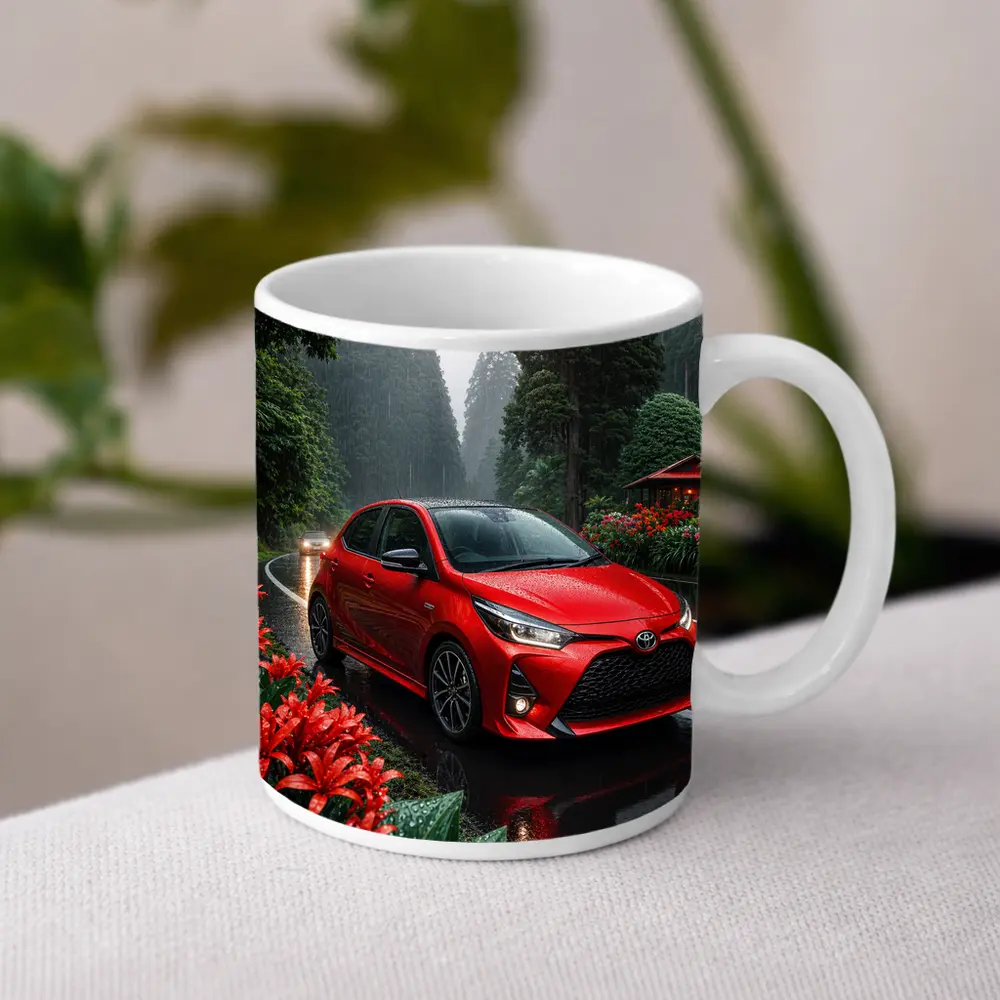 Toyota Yaris Red Hatchback Rainy Forest Road – Mugs