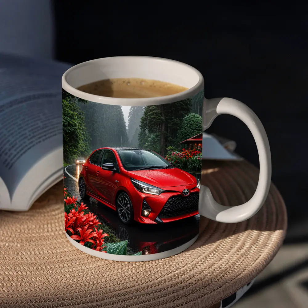 Toyota Yaris Red Hatchback Rainy Forest Road – Mugs