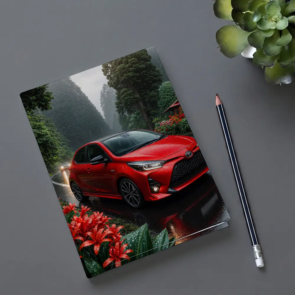 Toyota Yaris Red Hatchback Rainy Forest Road – Notebooks