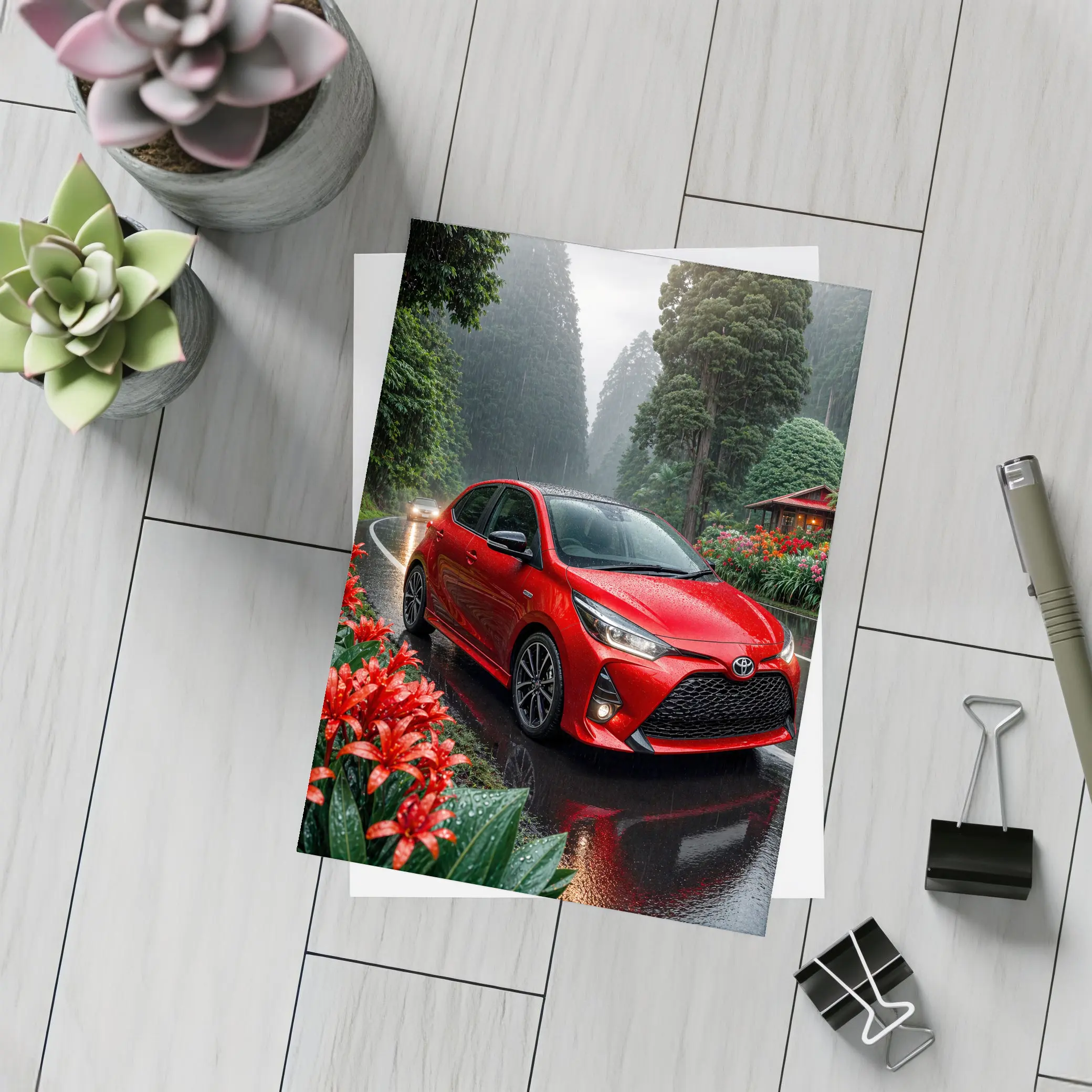 Toyota Yaris Red Hatchback Rainy Forest Road – Postcards