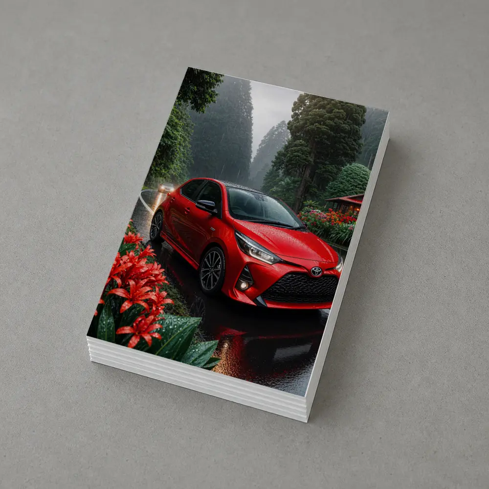 Toyota Yaris Red Hatchback Rainy Forest Road – Postcards