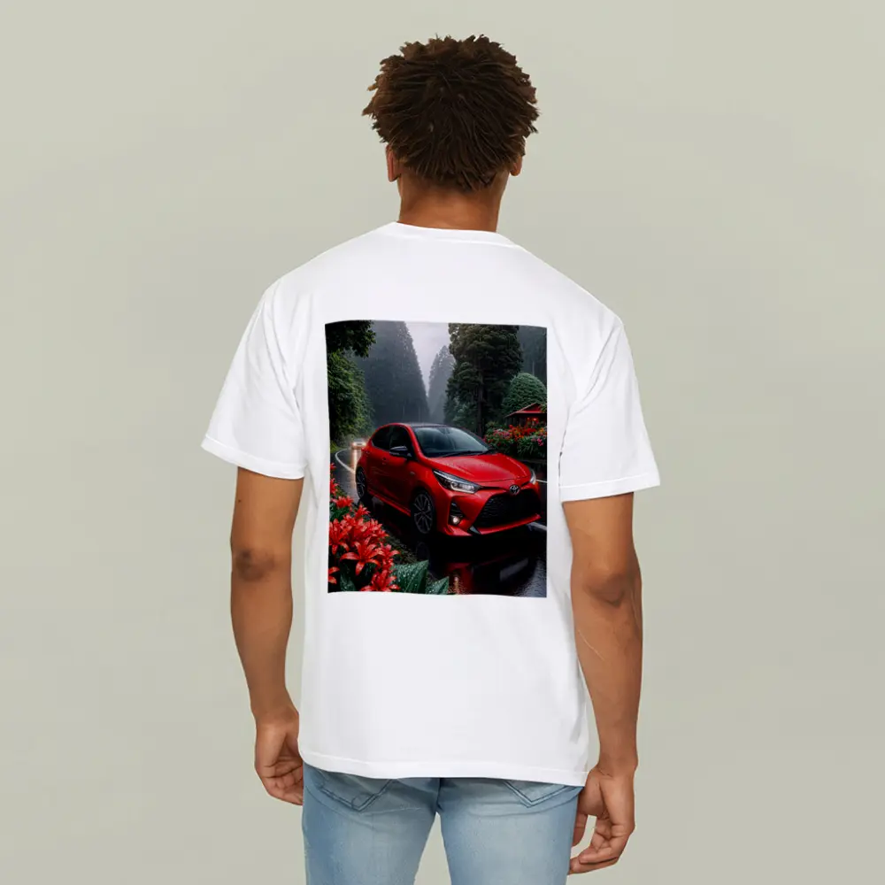 Toyota Yaris Red Hatchback Rainy Forest Road – T-Shirts