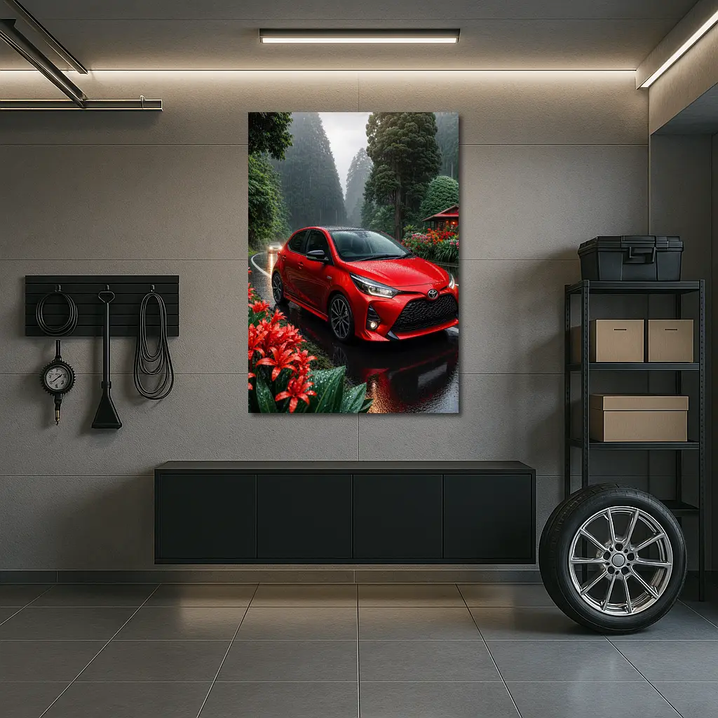 Toyota Yaris Red Hatchback Rainy Forest Road – Wall Art