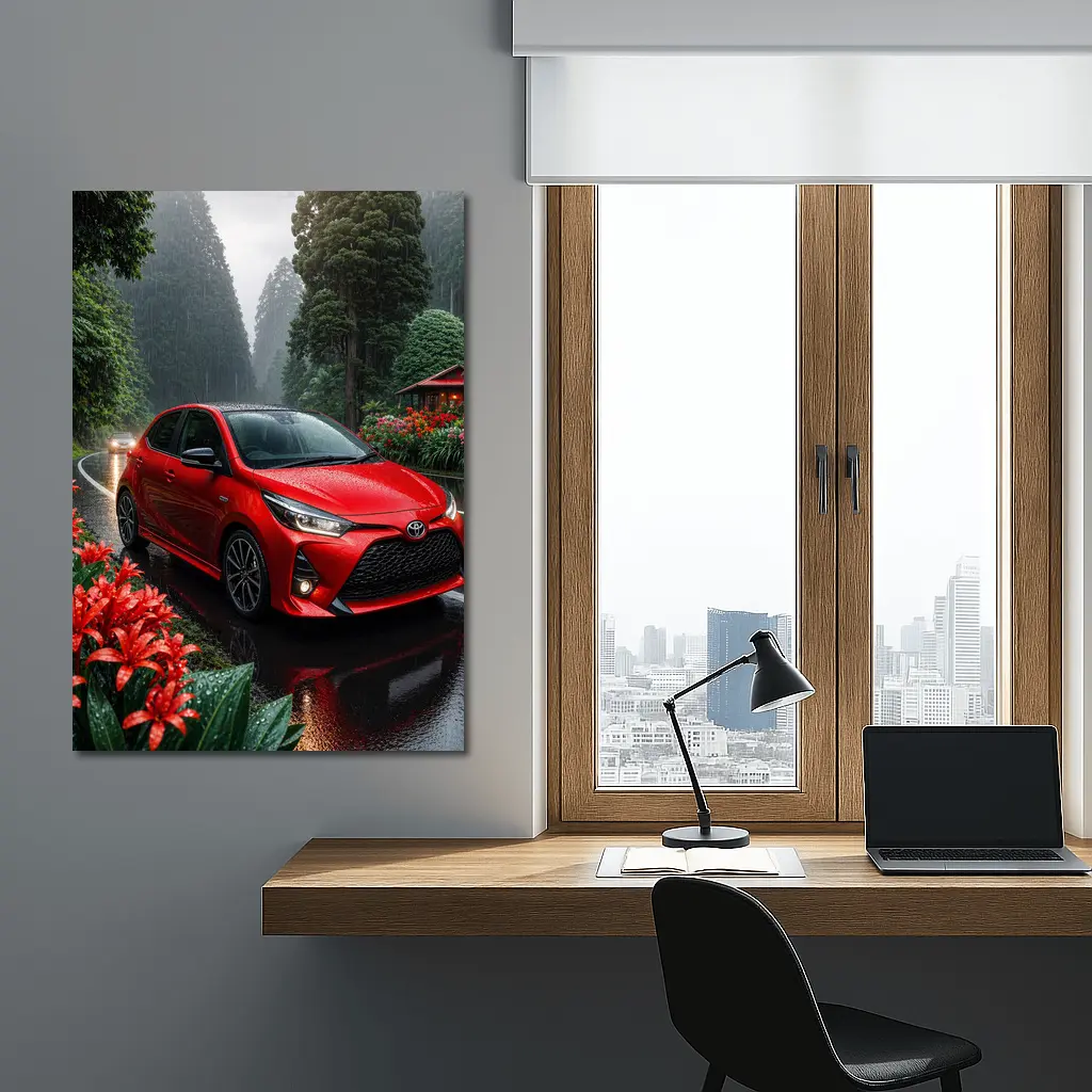 Toyota Yaris Red Hatchback Rainy Forest Road – Wall Art