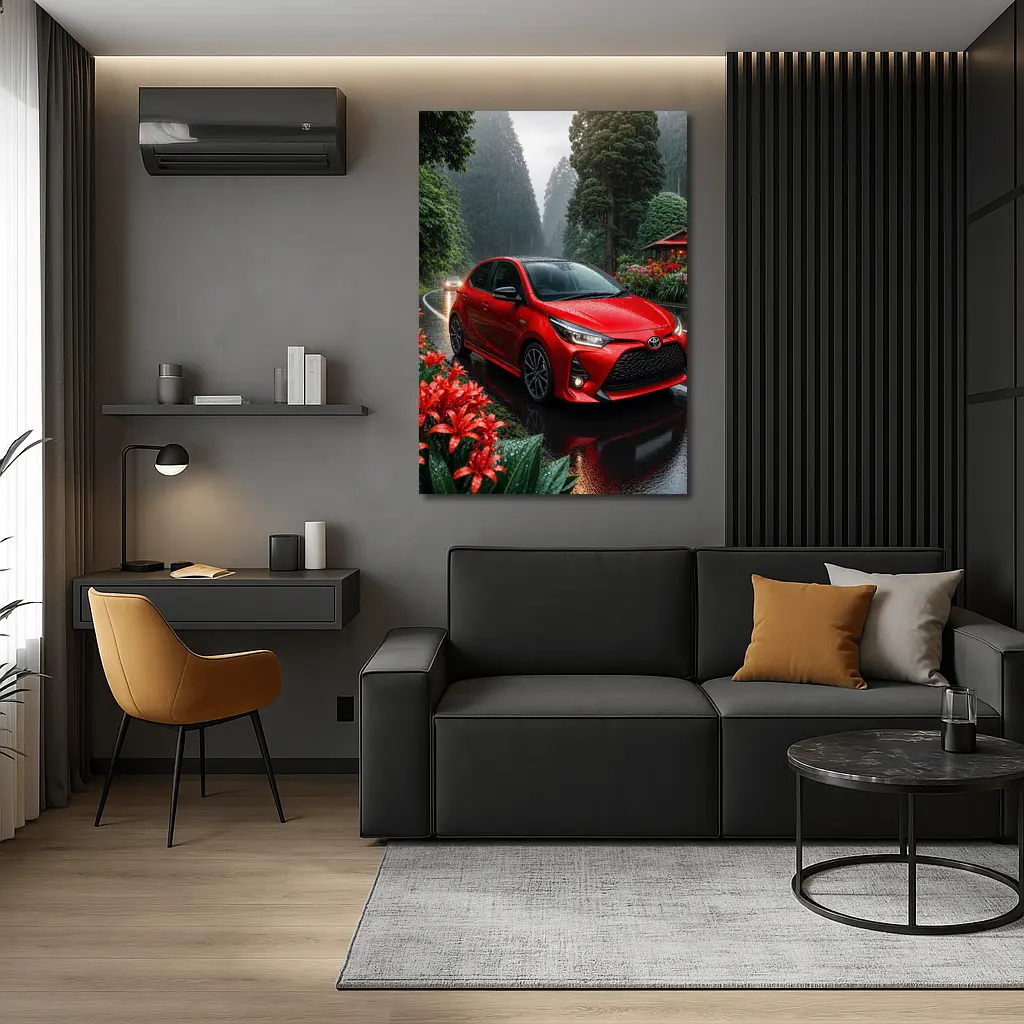 Toyota Yaris Red Hatchback Rainy Forest Road – Wall Art