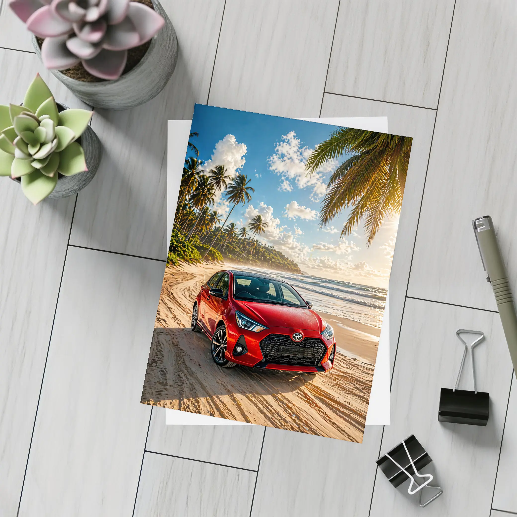 Toyota GR Yaris Red Car Beach Setting – Postcards
