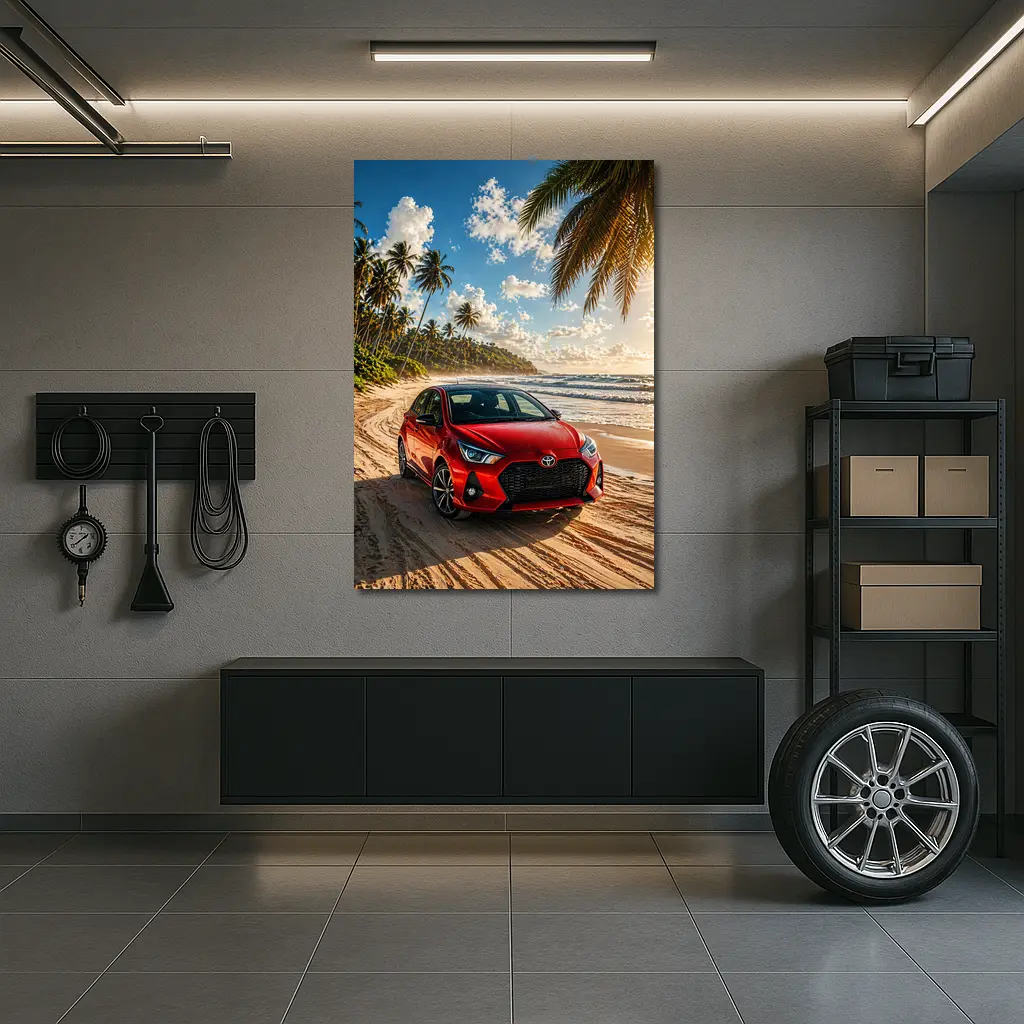 Toyota GR Yaris Red Car Beach Setting – Wall Art