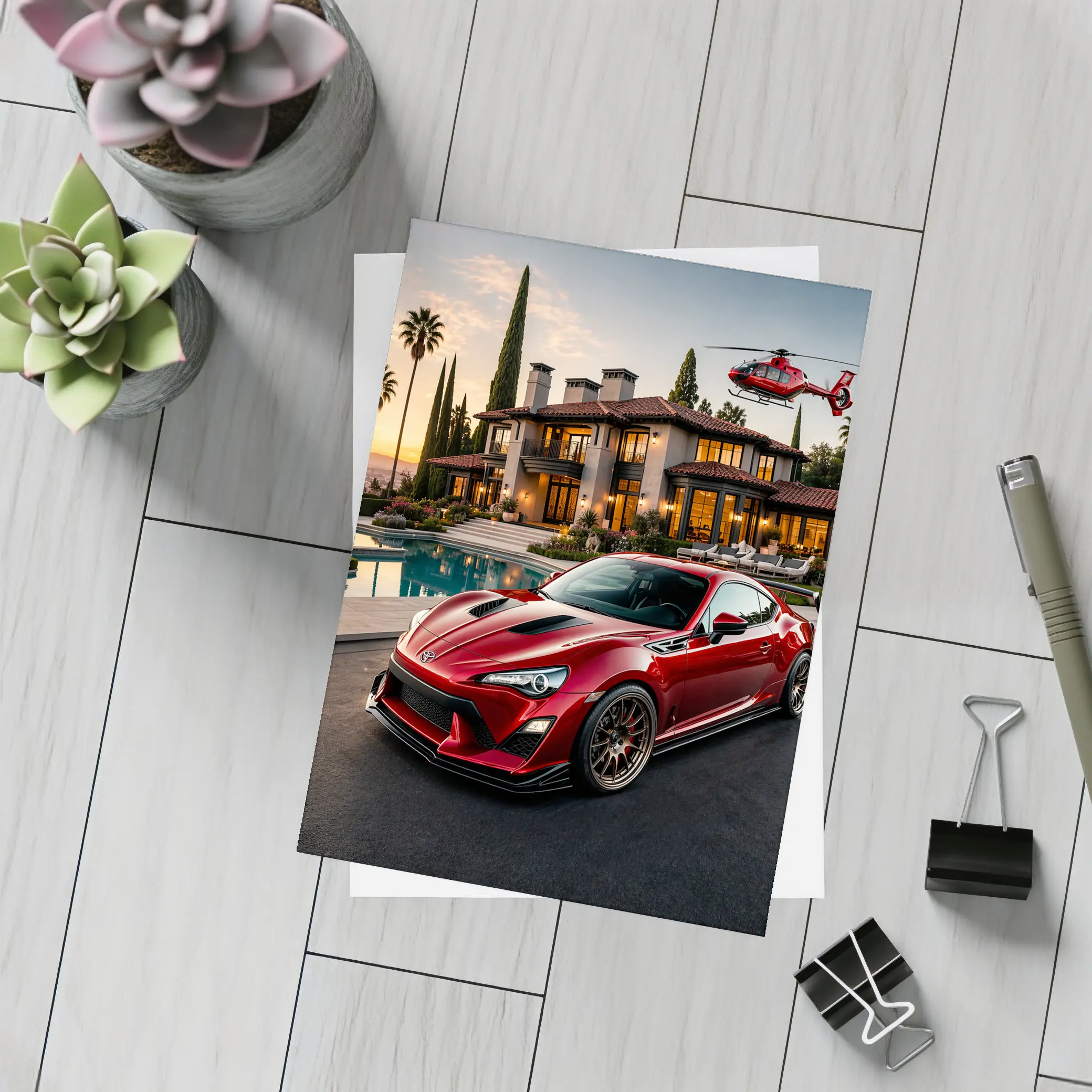 Toyota GT86 Red Coupe Mansion Sunset – Postcards