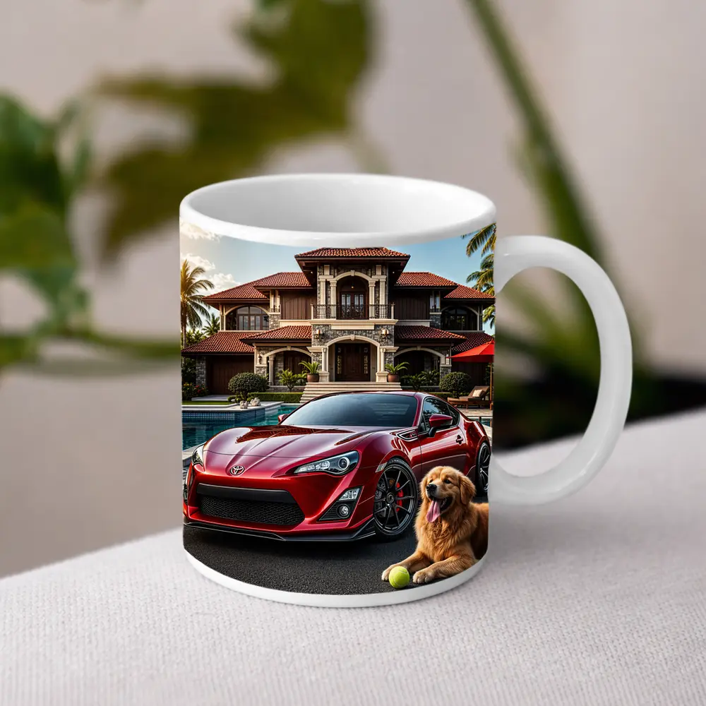 Toyota GT86 Red Sports Car Mansion Golden Retriever – Mugs