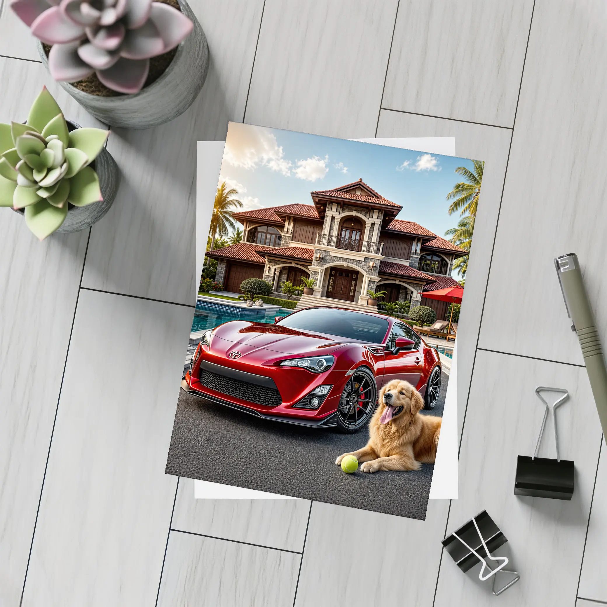 Toyota GT86 Red Sports Car Mansion Golden Retriever – Postcards