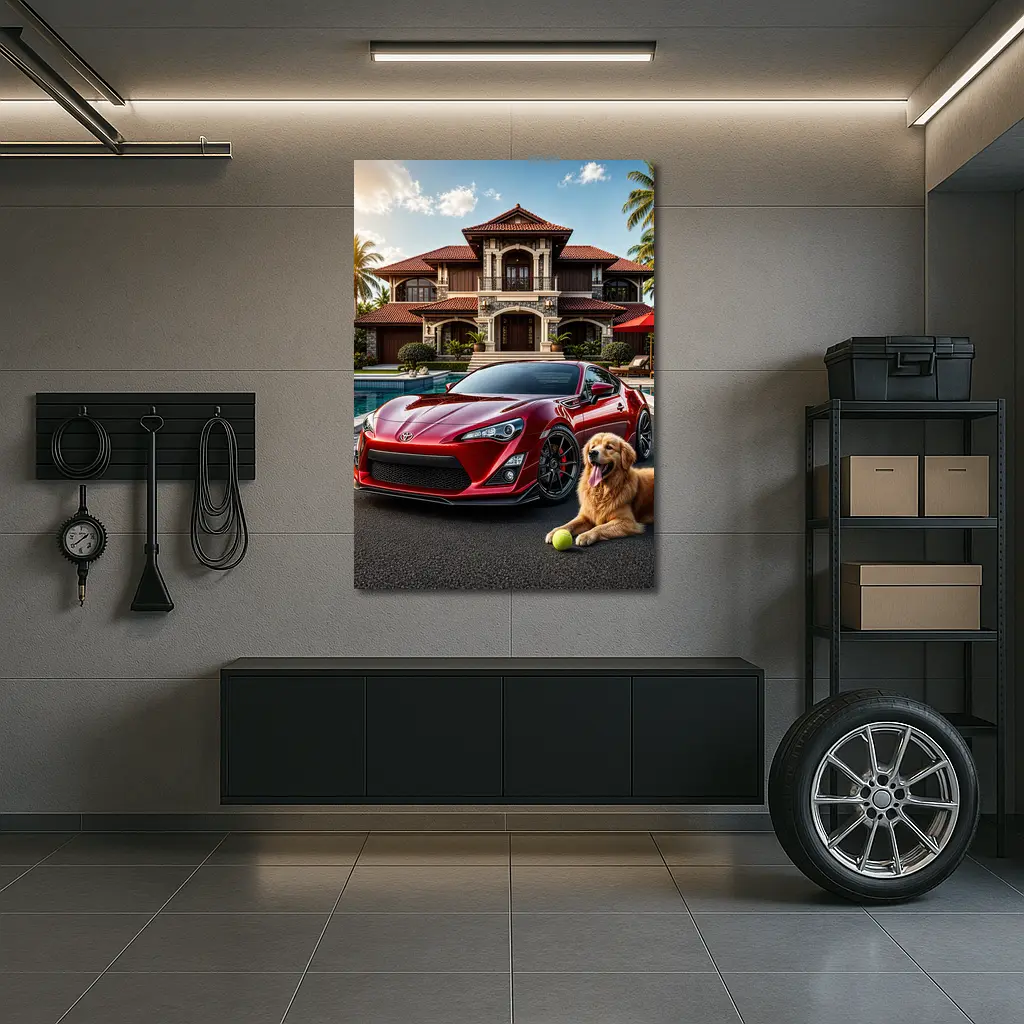 Toyota GT86 Red Sports Car Mansion Golden Retriever – Wall Art