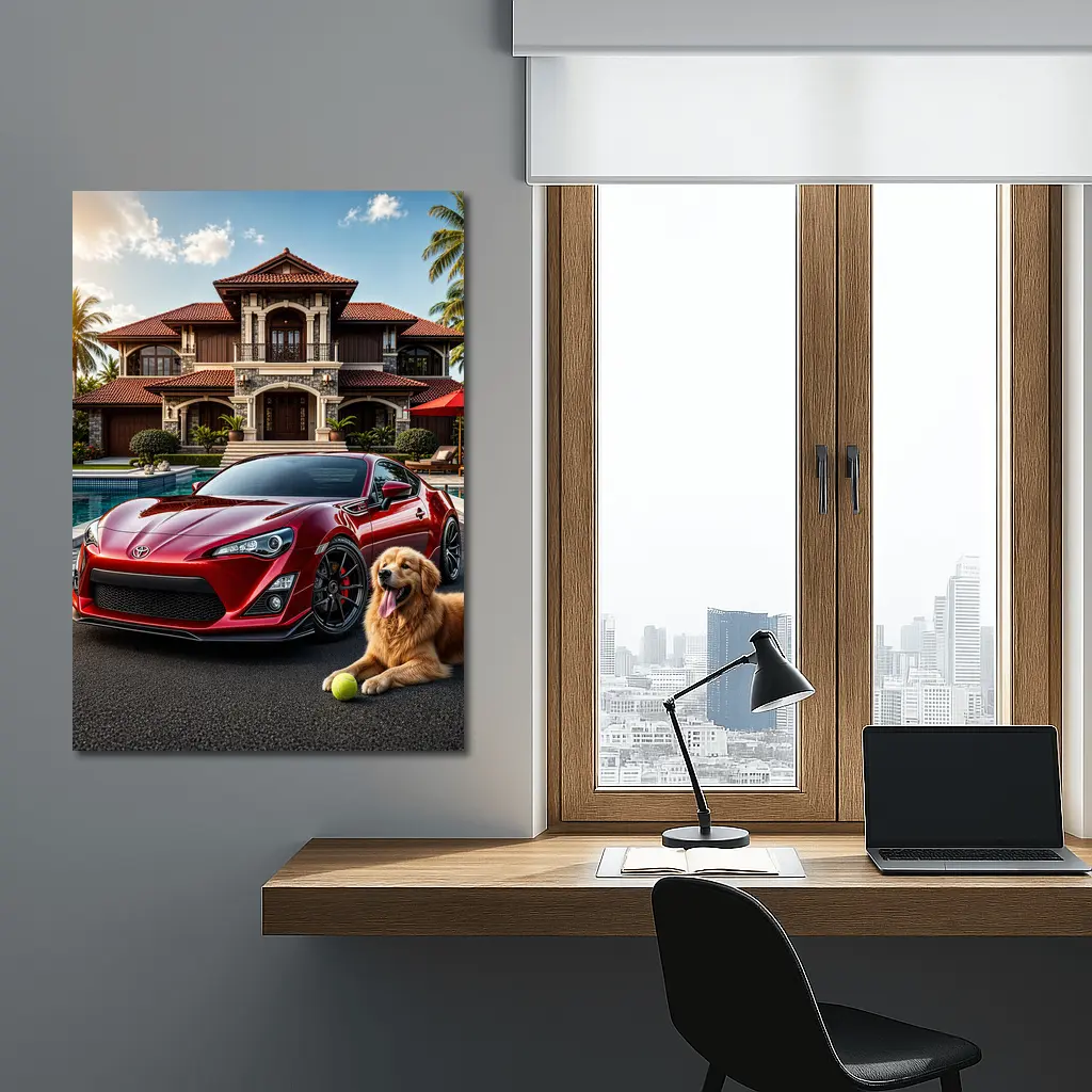Toyota GT86 Red Sports Car Mansion Golden Retriever – Wall Art