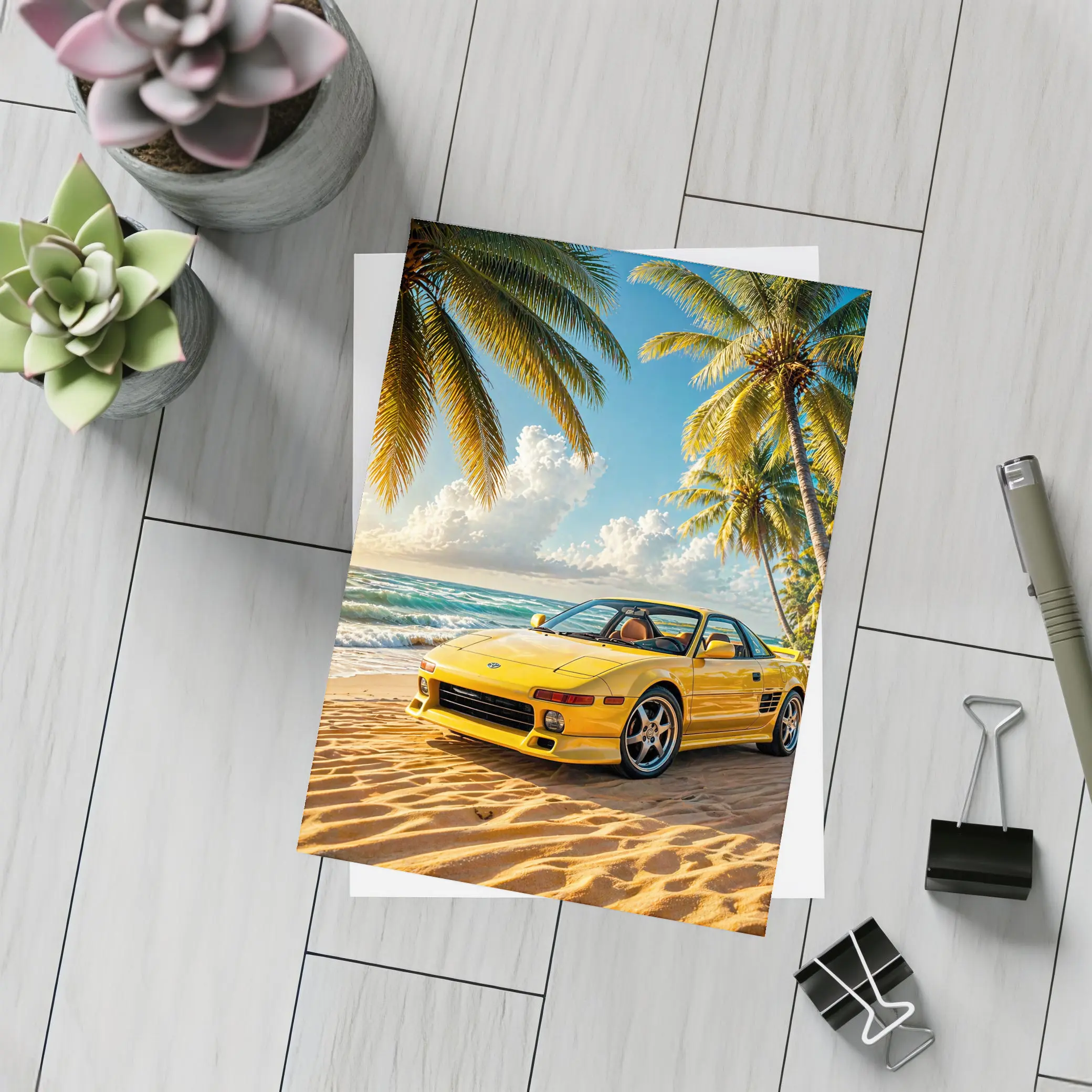 Toyota MR2 Yellow Sports Car Beach – Postcards