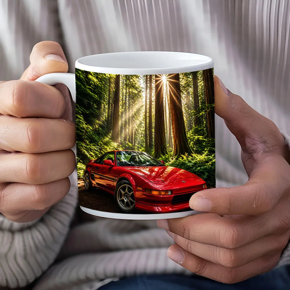 Toyota MR2 Parked in Sunlit Forest – Mugs