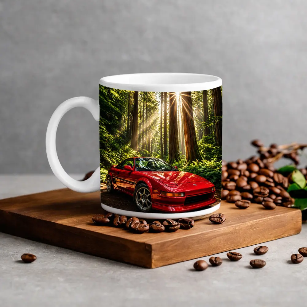 Toyota MR2 Parked in Sunlit Forest – Mugs