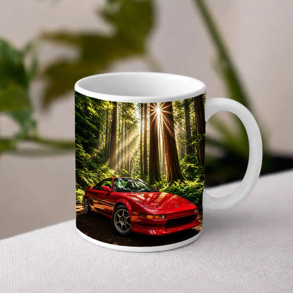 Toyota MR2 Parked in Sunlit Forest – Mugs