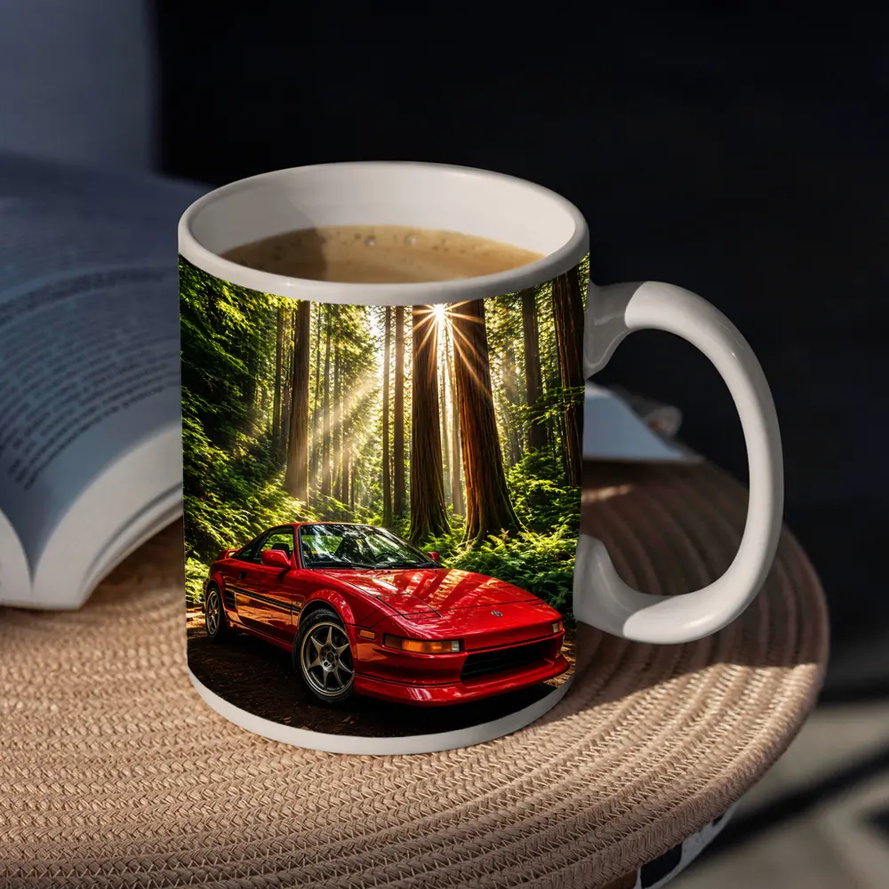 Toyota MR2 Parked in Sunlit Forest – Mugs