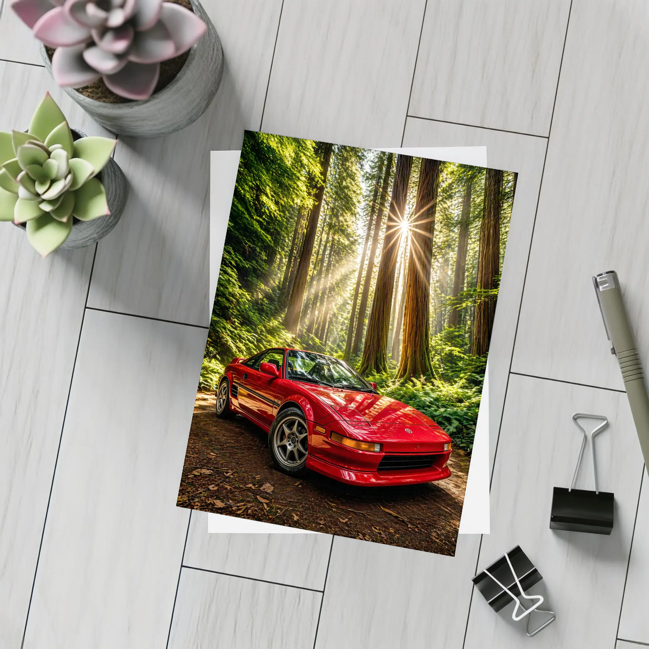 Toyota MR2 Parked in Sunlit Forest – Postcards