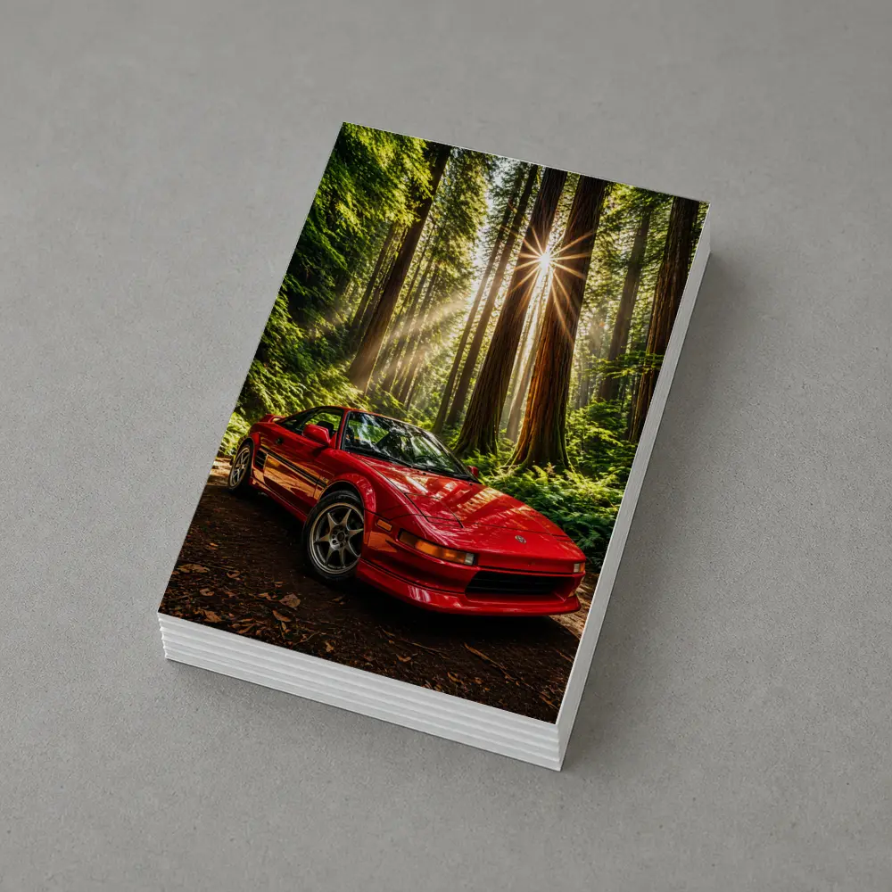 Toyota MR2 Parked in Sunlit Forest – Postcards