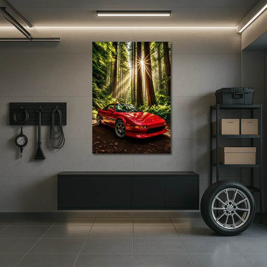 Toyota MR2 Parked in Sunlit Forest – Wall Art