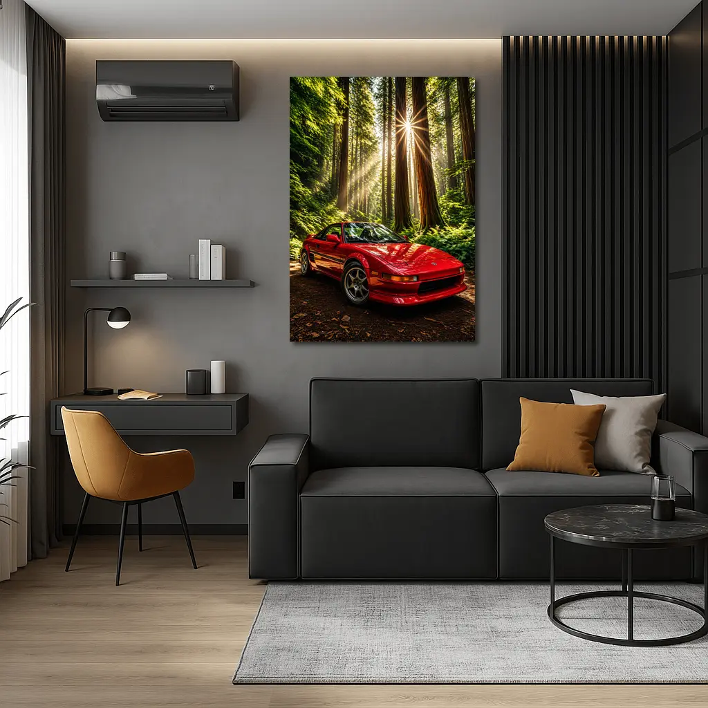 Toyota MR2 Parked in Sunlit Forest – Wall Art