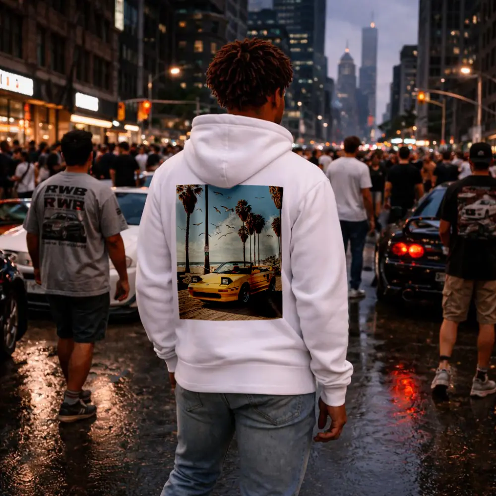 Toyota MR2 Yellow Convertible Beach Scene – Hoodies
