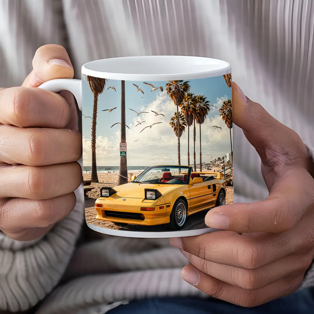 Toyota MR2 Yellow Convertible Beach Scene – Mugs