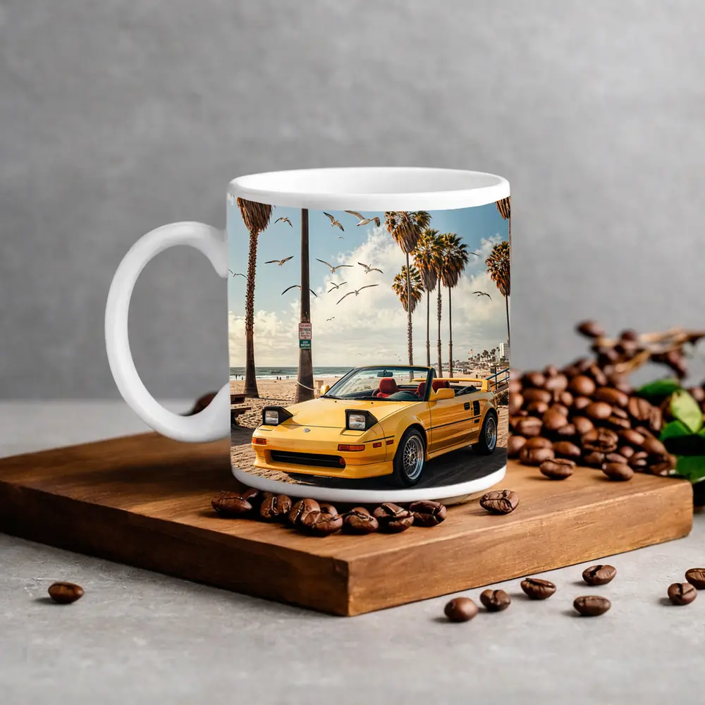 Toyota MR2 Yellow Convertible Beach Scene – Mugs