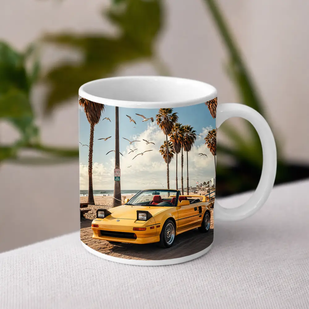 Toyota MR2 Yellow Convertible Beach Scene – Mugs