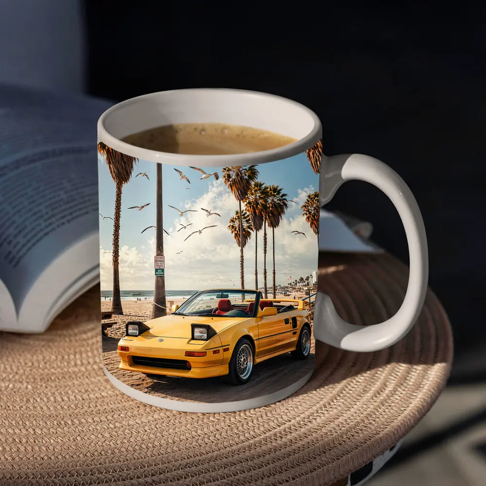 Toyota MR2 Yellow Convertible Beach Scene – Mugs