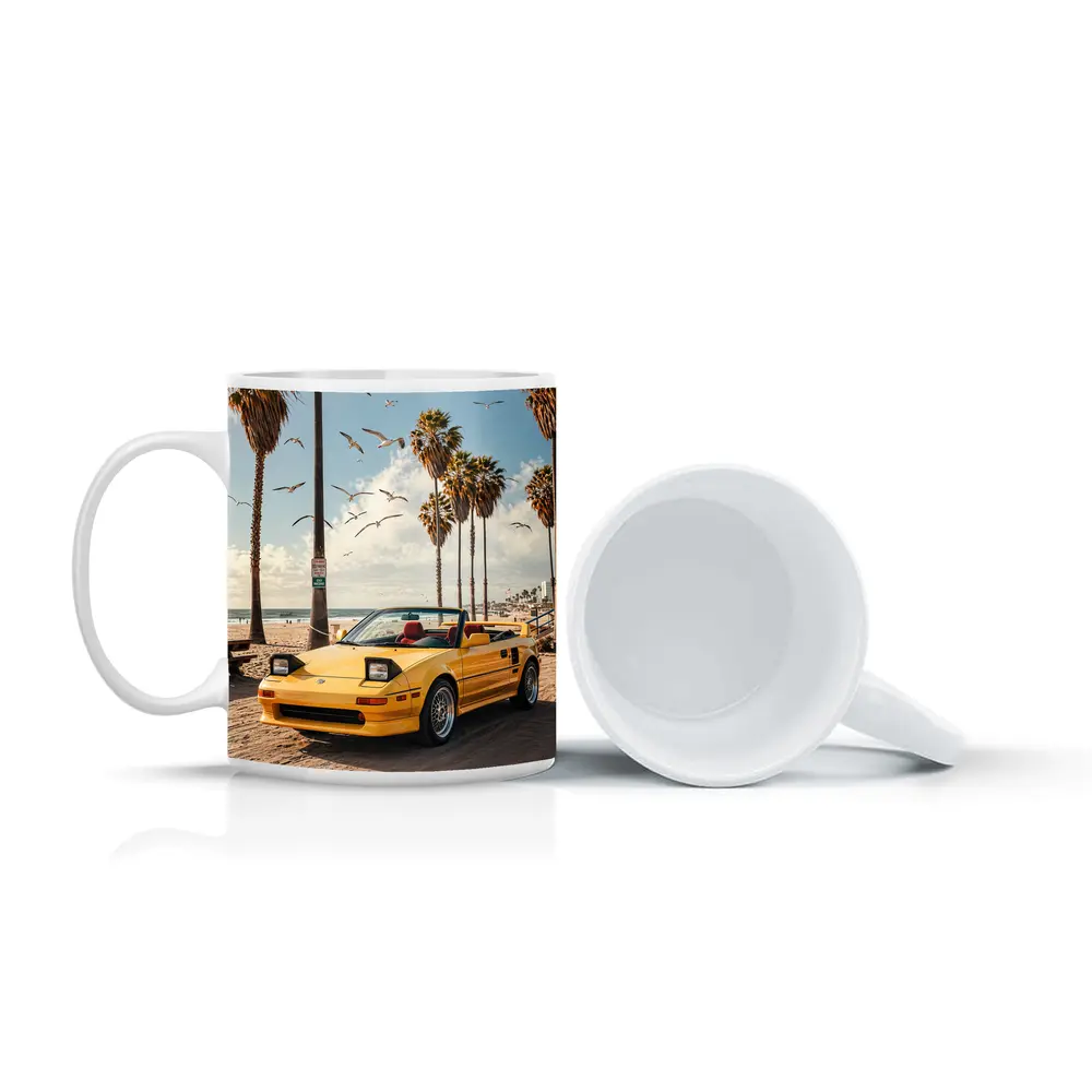Toyota MR2 Yellow Convertible Beach Scene – Mugs