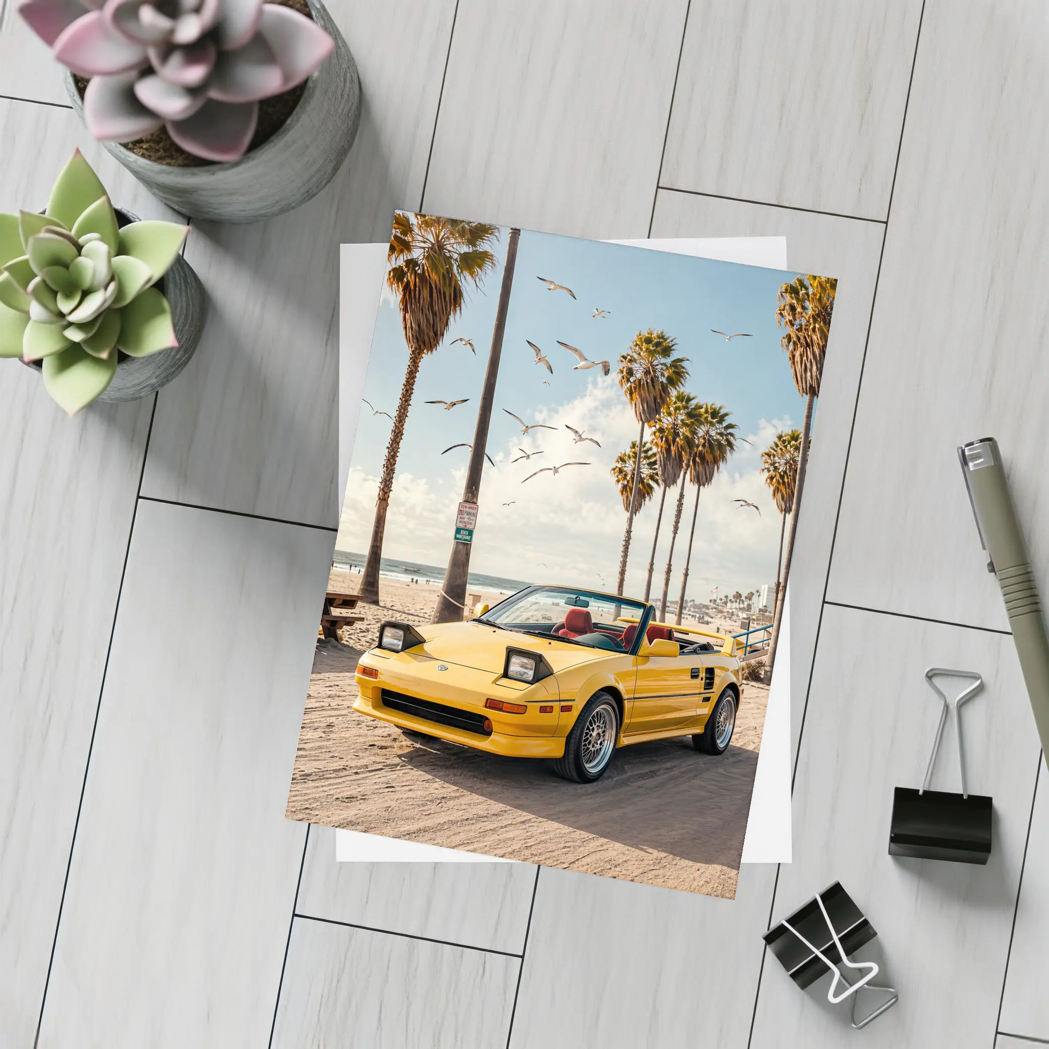 Toyota MR2 Yellow Convertible Beach Scene – Postcards