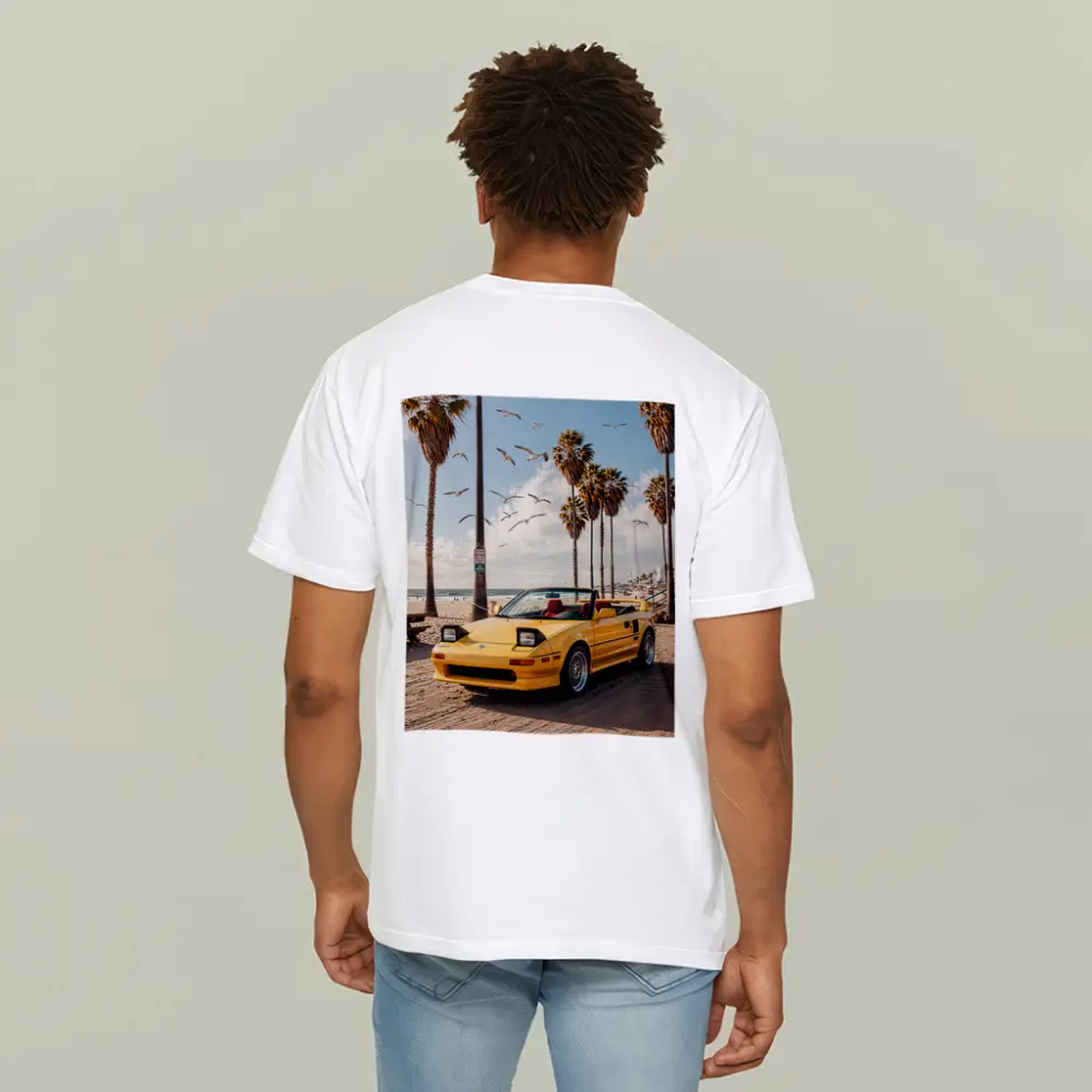 Toyota MR2 Yellow Convertible Beach Scene – T-Shirts
