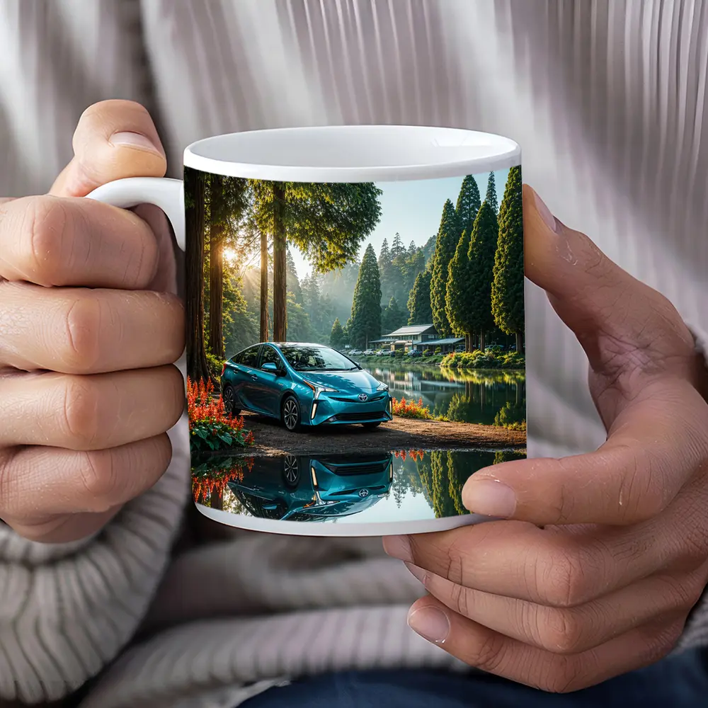 Toyota Prius Parked By Serene Forest Lake – Mugs