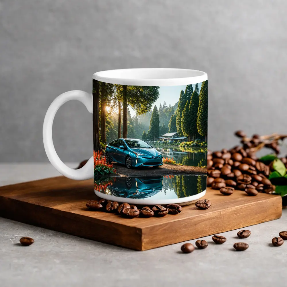 Toyota Prius Parked By Serene Forest Lake – Mugs